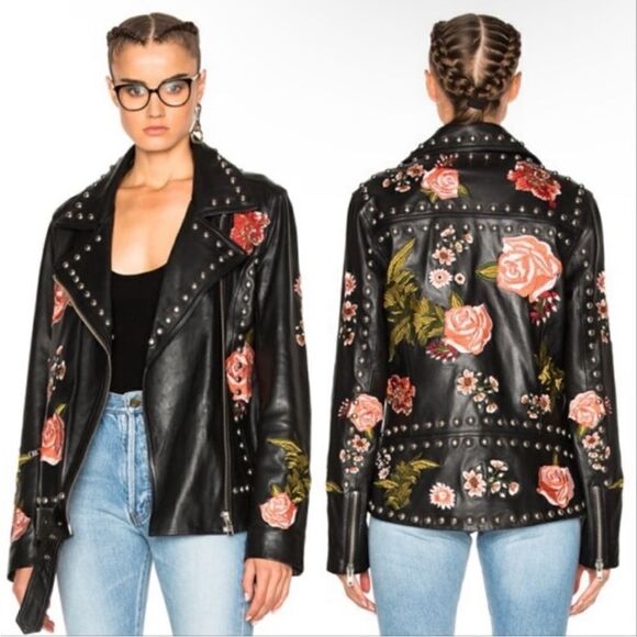 Lpa Leather Black Jacket Floral Embroidered 58 Roses Size XS - Picture 3 of 17